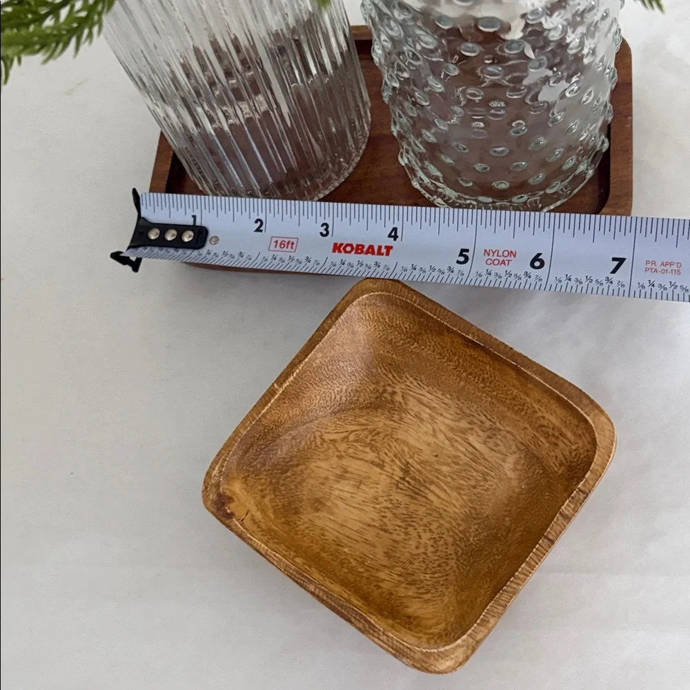 Glass Soap Dispenser Set with Wooden Tray and ring trivet bowl acacia wood
